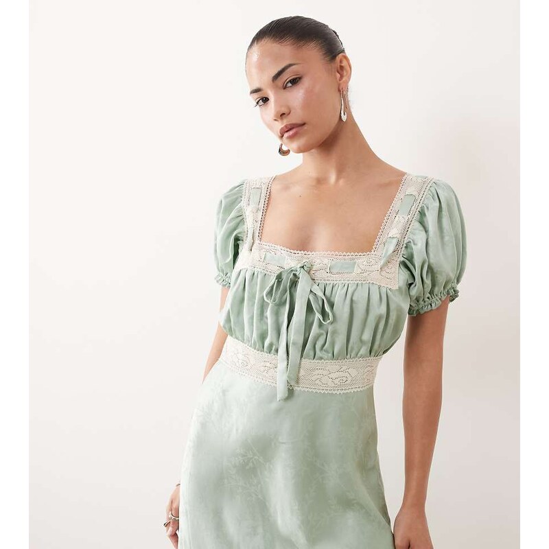 Hope & Ivy Petite satin square neck lace detail puff sleeve maxi
