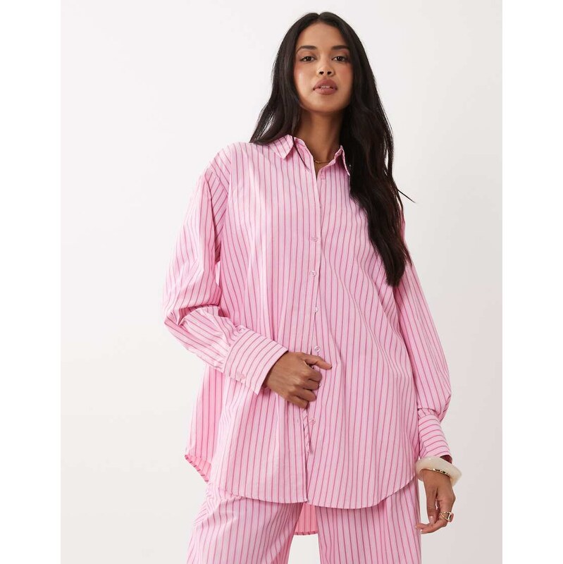 Missyempire poplin oversized shirt co-ord in pink stripe