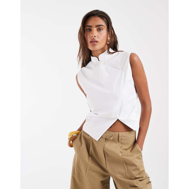 ASOS DESIGN sleeveless mandarin collar shirt in white