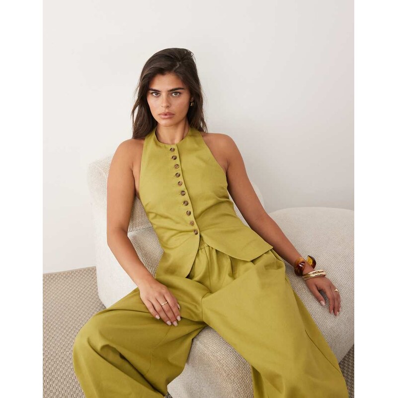 ASOS DESIGN button front halterneck co-ord waistcoat in green