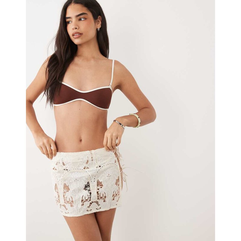 Missyempire cotton semi sheer lace tie side detail mini skirt in
