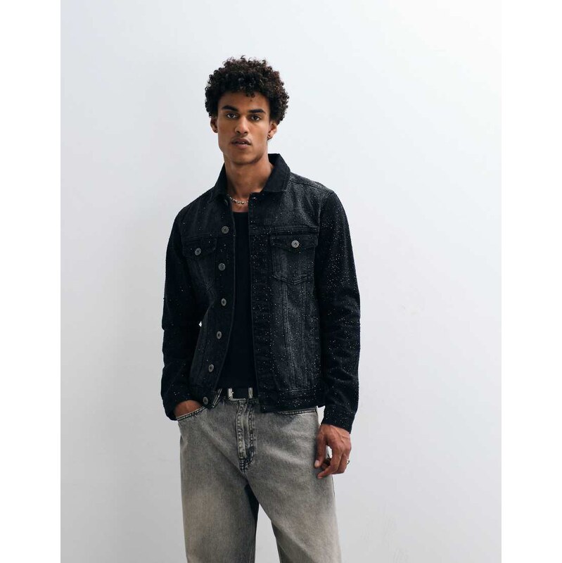 Courtside rhinestone embellished denim jacket in black wash