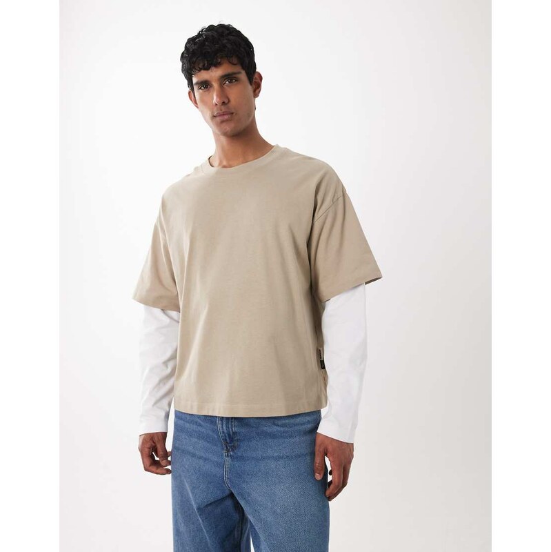 Jack & Jones double layer t-shirt in beige-Neutral