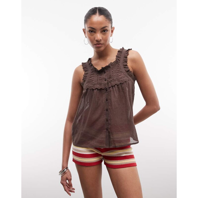 Noisy May frill sleeve button through top in brown