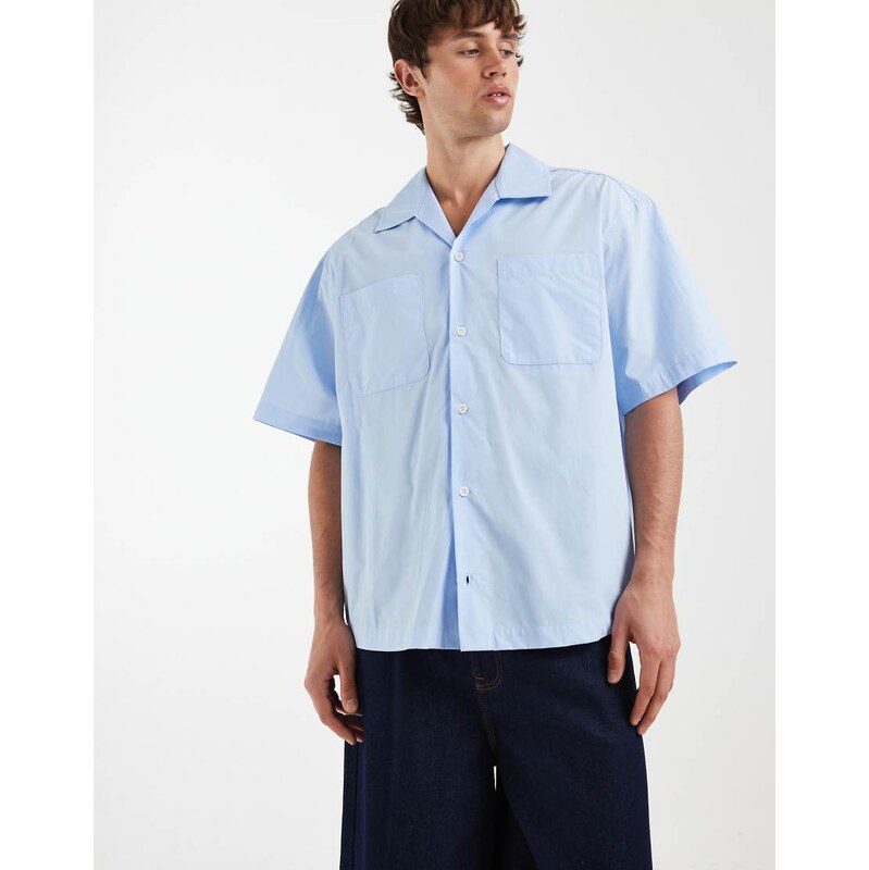 ASOS DESIGN boxy poplin shirt in light blue with revere collar