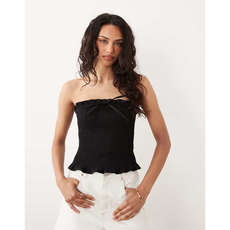 ASOS DESIGN shirred tie front bandeau top in black