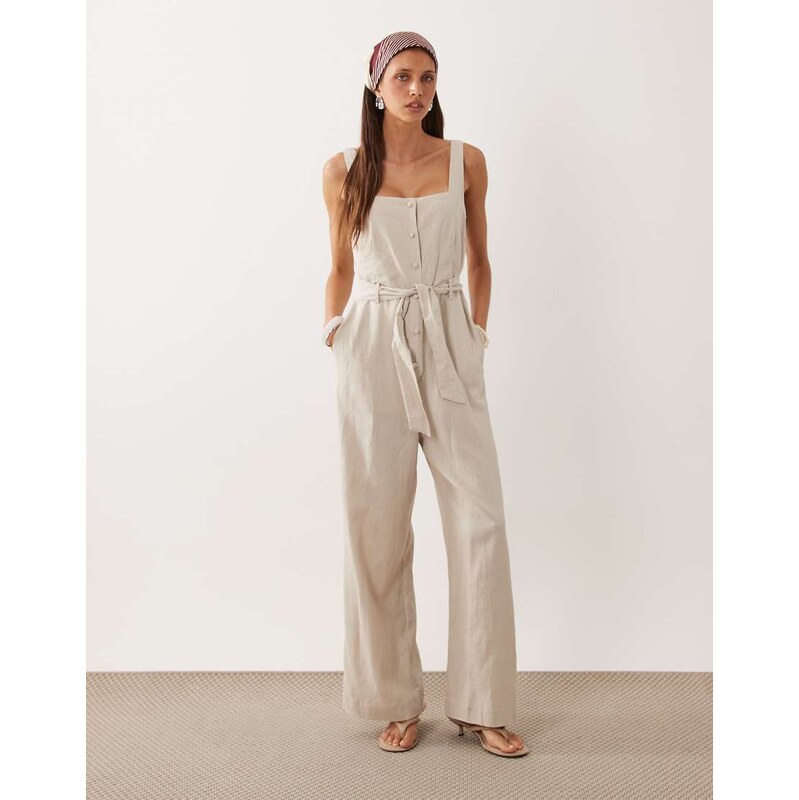 Mango linen rich tie waist jumpsuit in beige-Neutral