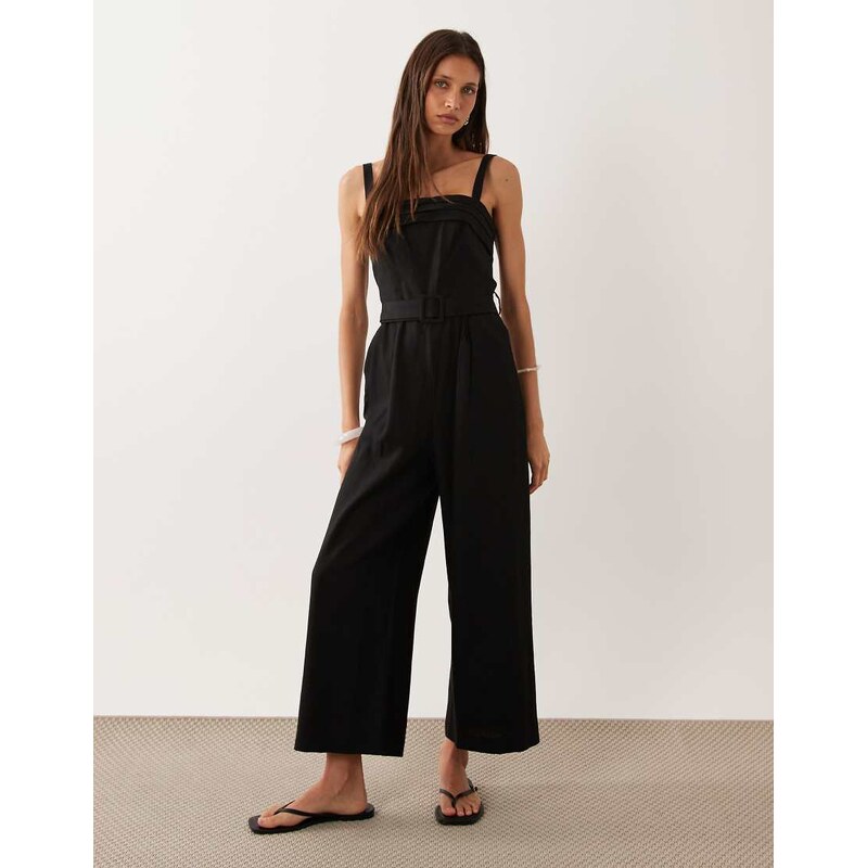 Mango linen rich belted square neck jumpsuit in black