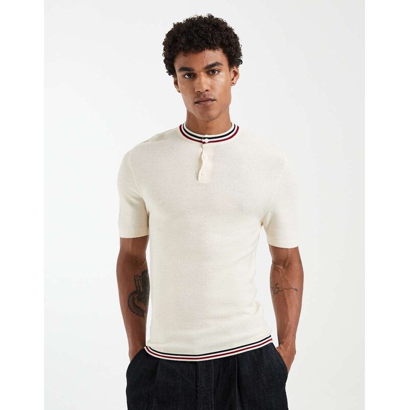 ASOS DESIGN muscle fit knitted henley with tiping in ecru-White