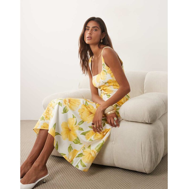 Mango cotton mix scoop neck maxi dress in yellow floral print