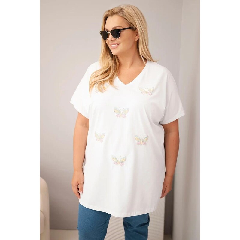 MladaModa Bavlněná oversize halenka s vyšívanými motýlky model