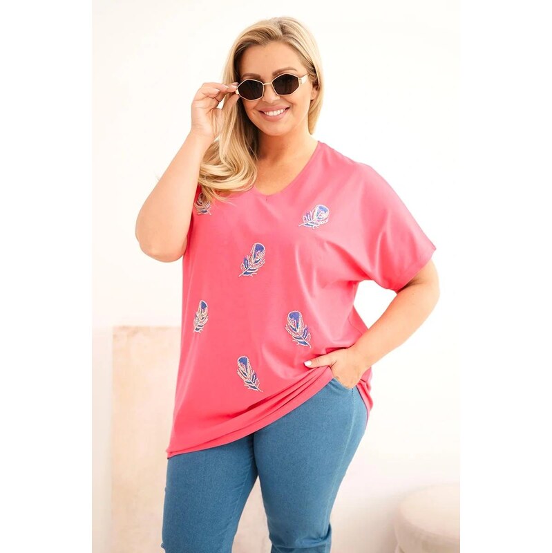 MladaModa Bavlněná oversize halenka s vyšívanými peříčky model