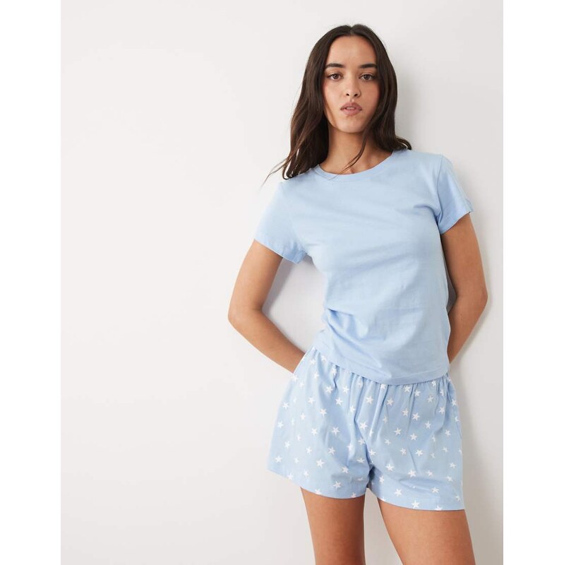 ASOS DESIGN baby tee & pyjama short set in blue with star print