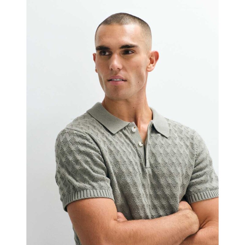 Belier short sleeve diamond stitch knitted polo in sage green