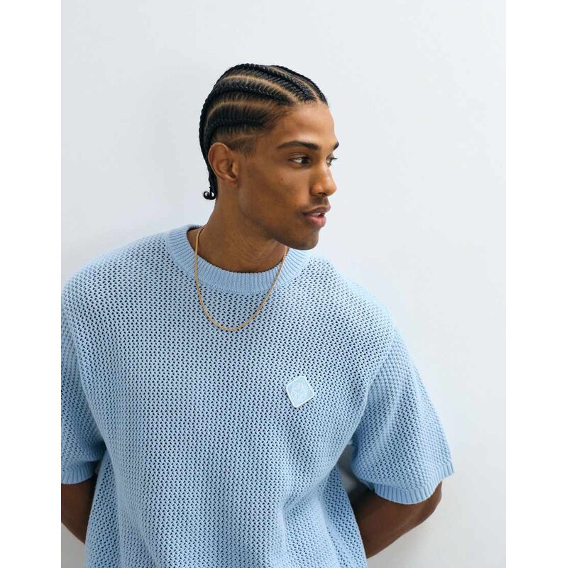Belier crochet knit logo patch t-shirt co-ord in sky blue