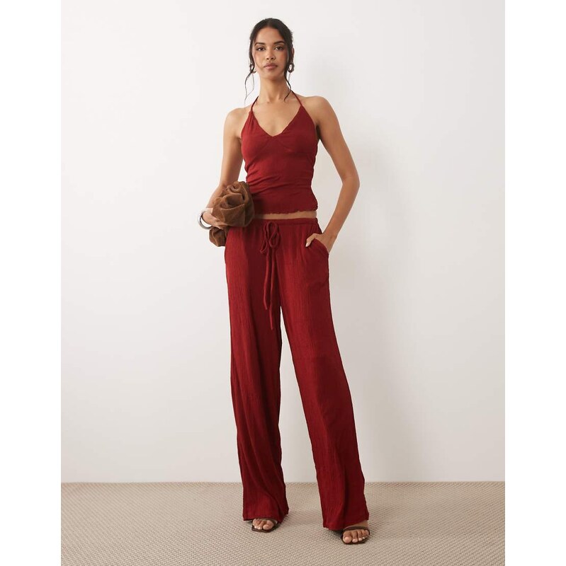 ASOS DESIGN co-ord crinkle wide leg drawstring trouser in red