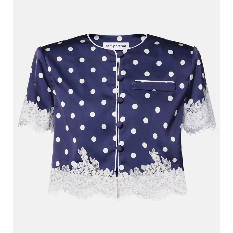 Self-Portrait Lace-trimmed polka-dot satin crop top