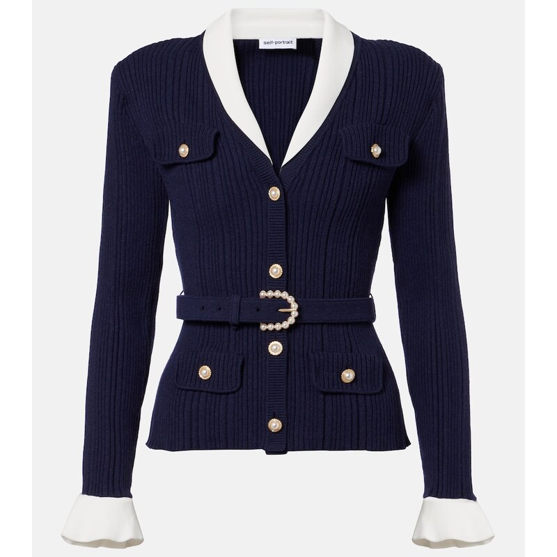 Self-Portrait Belted ribbed-knit cardigan