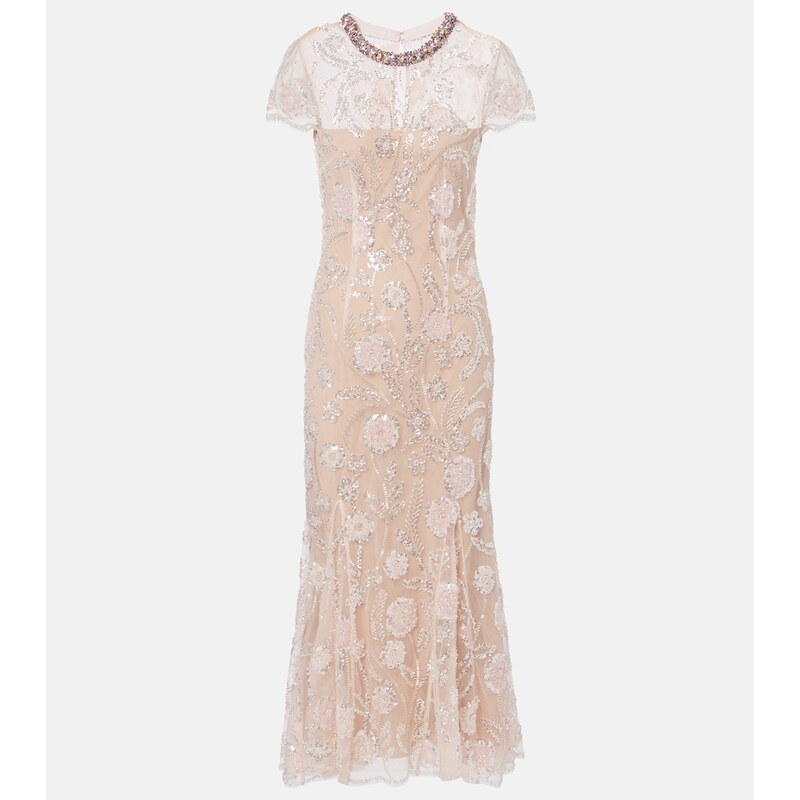 Self-Portrait Floral sequined mesh midi dress