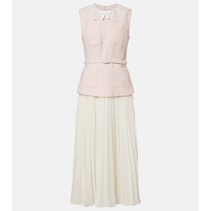 Self-Portrait Belted pleated bouclÃ and chiffon midi dress