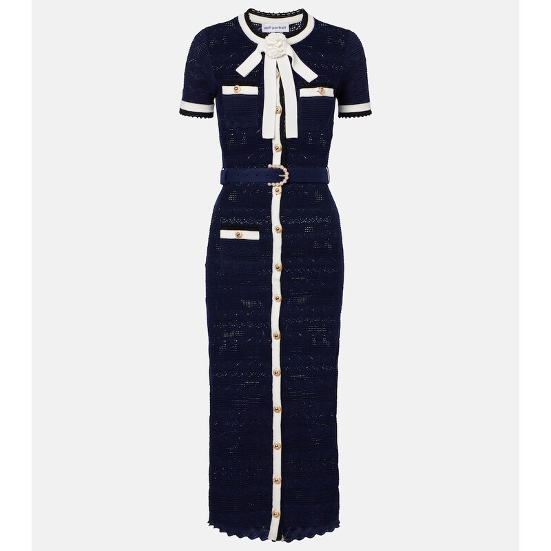 Self-Portrait Bow-detail pointelle cotton-blend midi dress