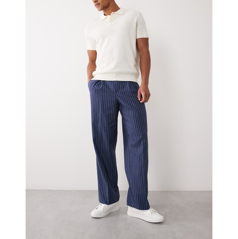 ASOS DESIGN linen smart pleated wide leg trousers in navy