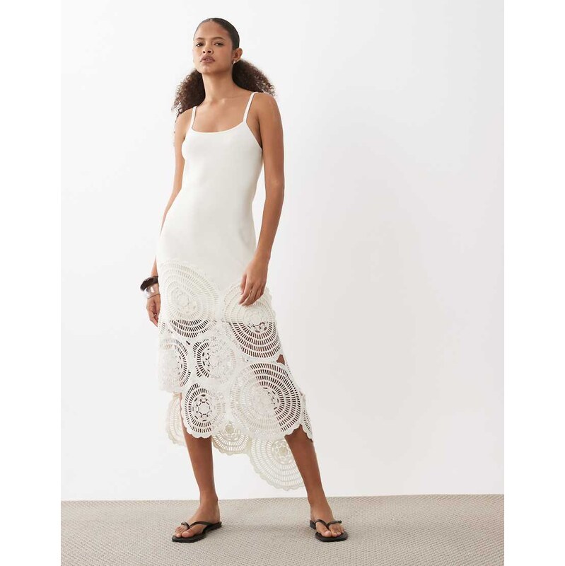ASOS DESIGN compact knit contrast crochet midi dress in white