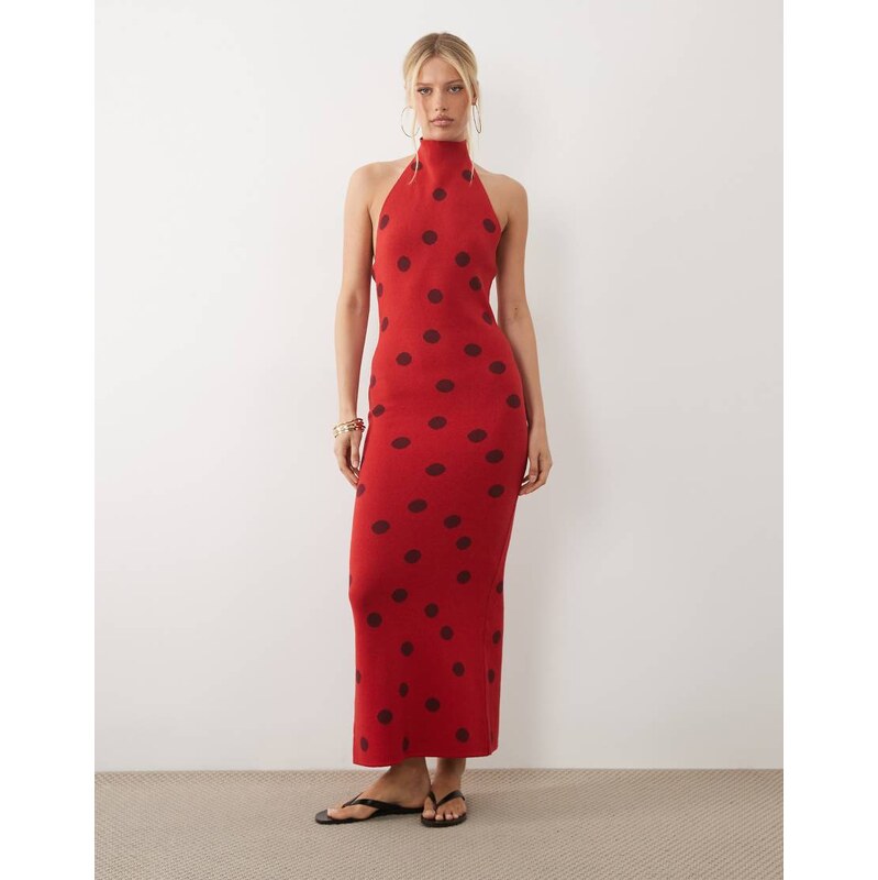 ASOS DESIGN knitted halter neck maxi dress in red polka dot