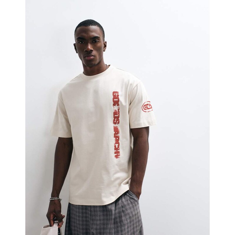 ASOS DESIGN relaxed t-shirt with text graphic in beige-Neutral