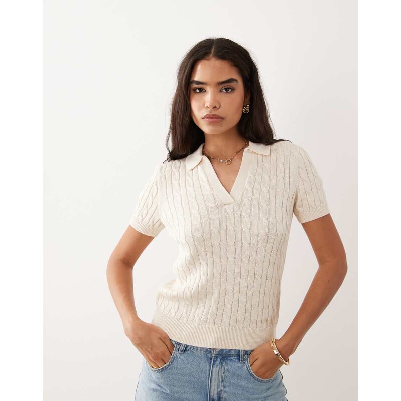 Lauren by Ralph Lauren fine knit polo top in cream-White