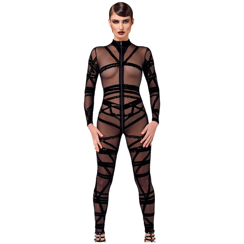 Noir Handmade Černý průsvitný overal Bondesque Catsuit