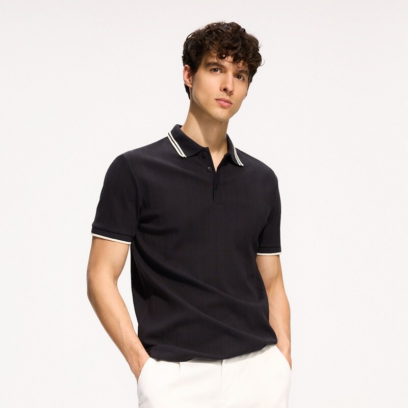 Reserved - Slim polo tričko s lemováním - černý