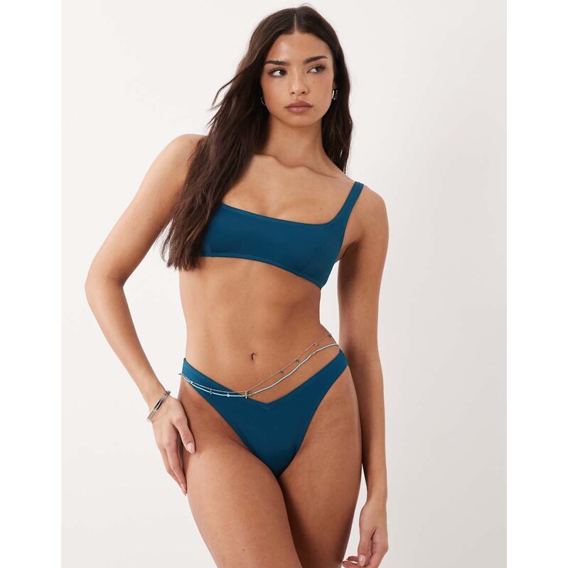ASOS DESIGN Maya v front high leg bikini bottom in inky blue
