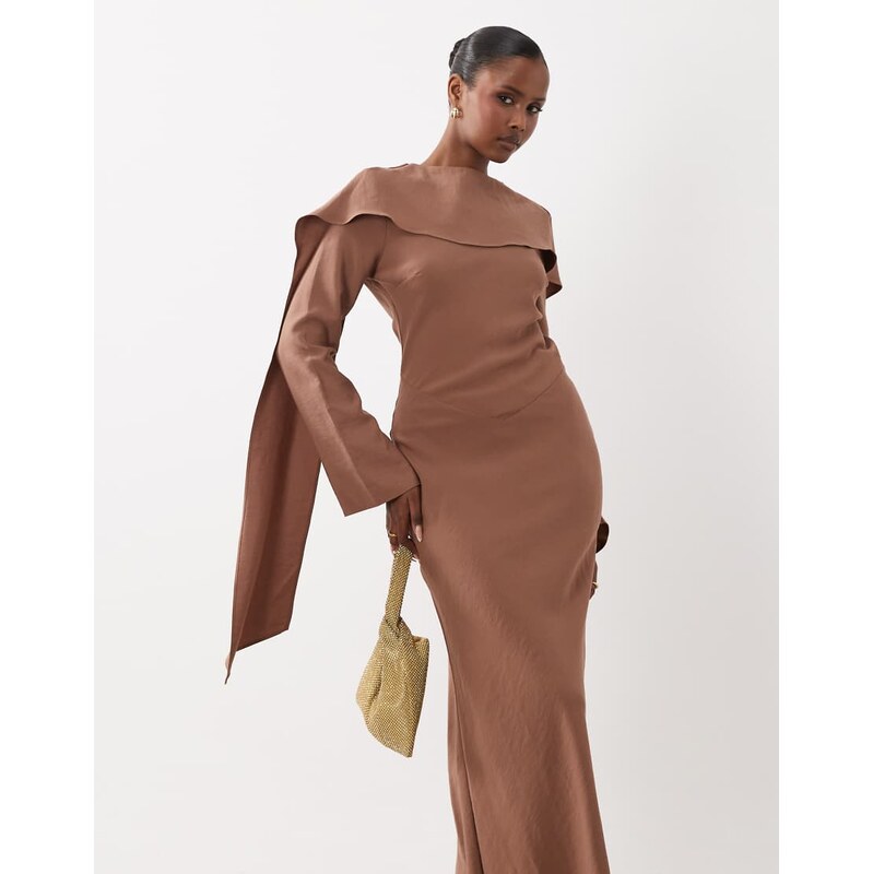 ASOS DESIGN maxi dress with cape scarf detail in cocoa-Yellow