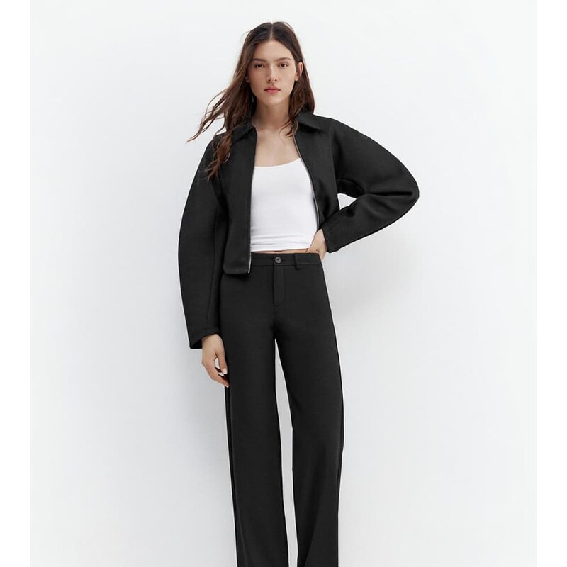 Pull&Bear Petite straight leg trousers in black