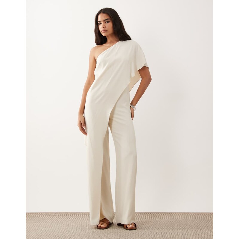 Lauren by Ralph Lauren one shoulder tie jumpsuit in cream-White