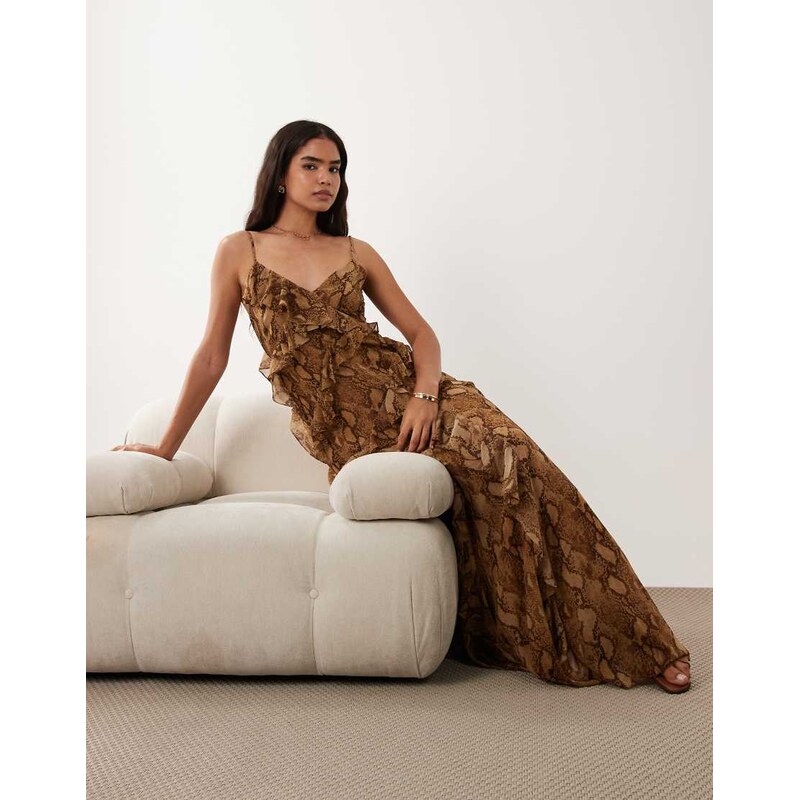 Lauren by Ralph Lauren ruffle maxi dress in snake print-Brown