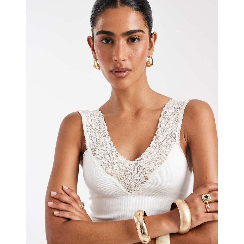 ASOS DESIGN seamless v neck vest with lace detail in ivory-White
