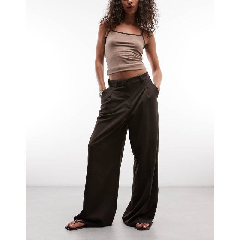 Monki high waist wide leg trousers with front pleat in dark