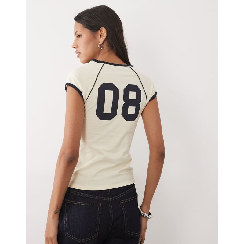 Miss Selfridge raglan sleeve varsity baby tee in navy and cream