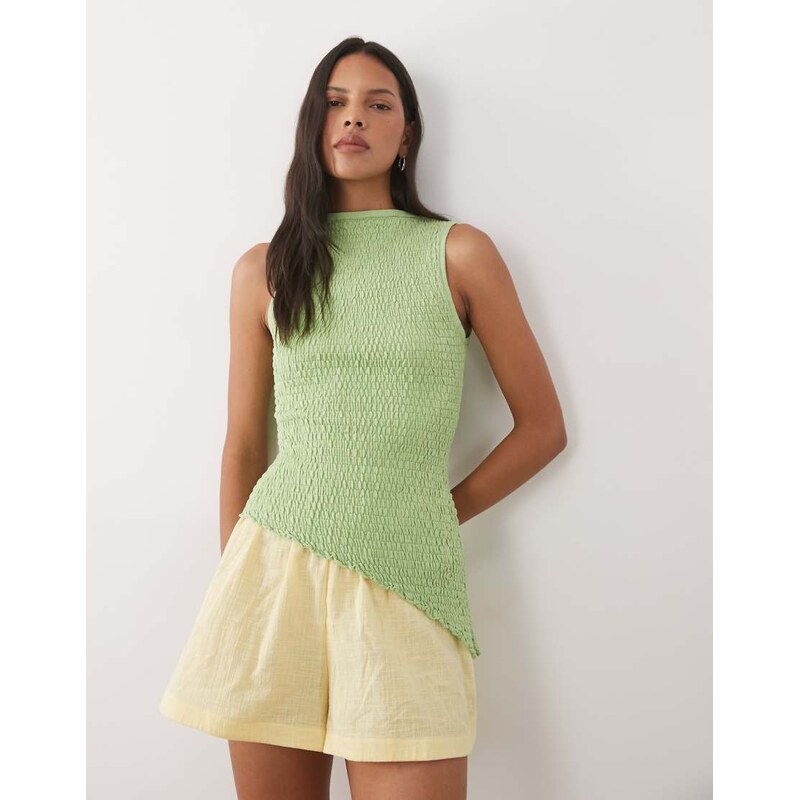 ASOS DESIGN knitted shirred asymmetric top in light green
