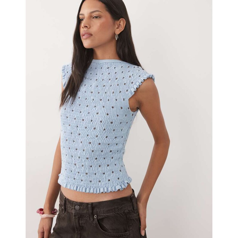 ASOS DESIGN knitted shirred top in blue polka top-Multi