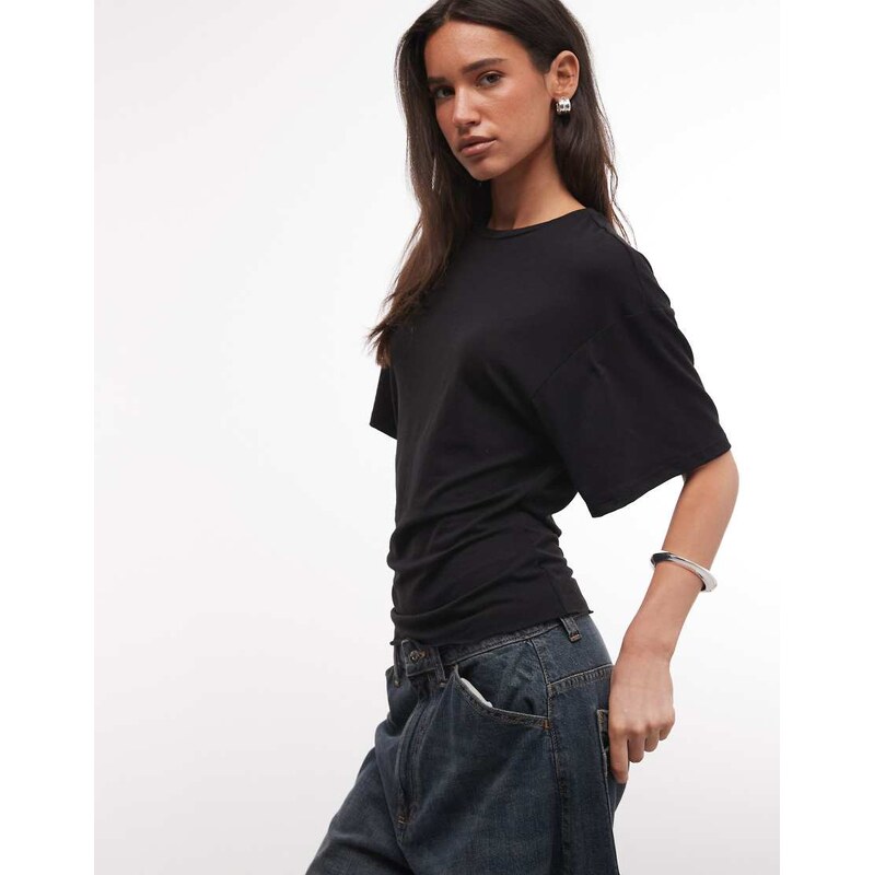 Weekday slightly sheer cinched waist t-shirt in black