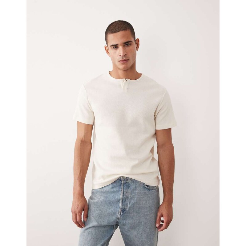 ASOS DESIGN regular t-shirt with short henley neck in cream