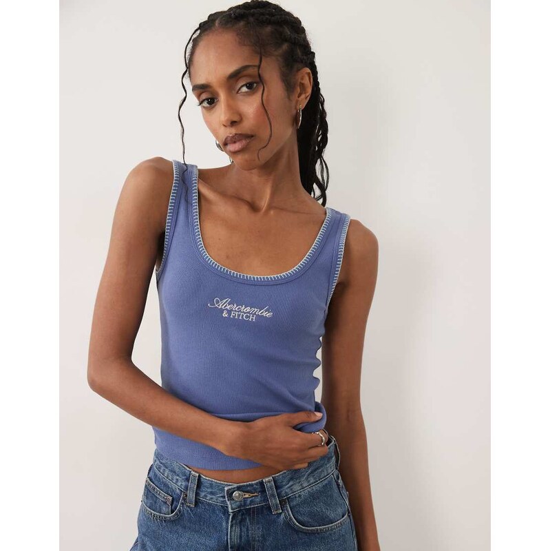 Abercrombie & Fitch logo scoop neck tank top in blue