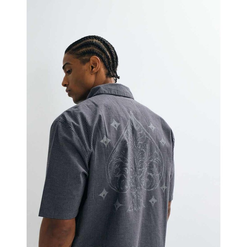 Hollister graphic short sleeve shirt in black micro check