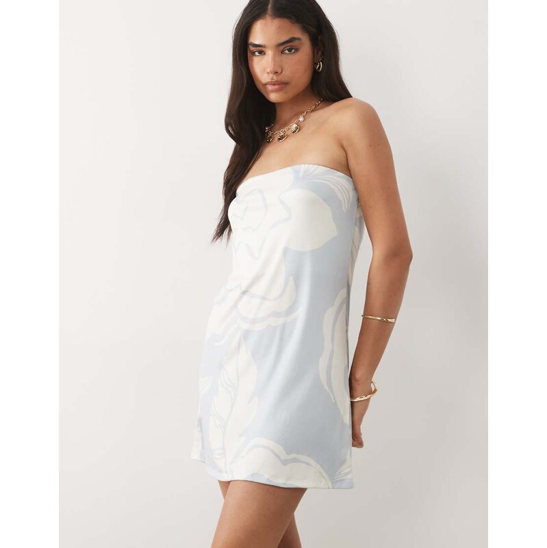ASOS DESIGN bandeau a-line mini dress in blue floral print-Multi