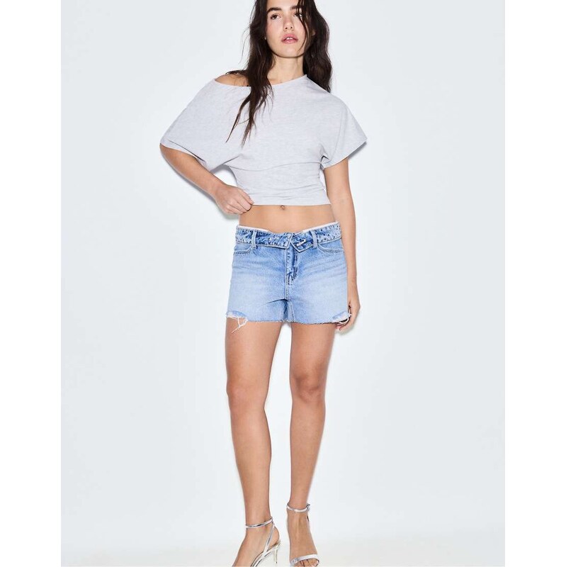 Stradivarius Turn-up waist denim shorts in overdyed blue denim