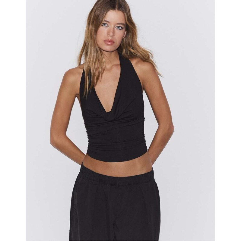 Stradivarius Draped halter top in black