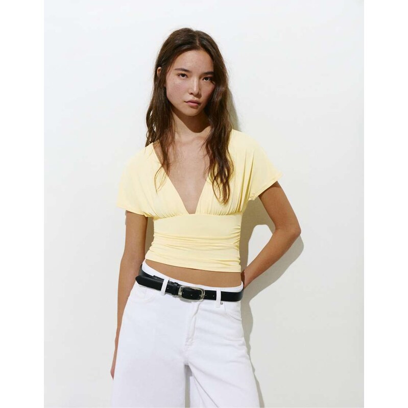 Pull&Bear Gathered v-neck top in yellow